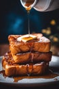 A plate of french toast with syrup being poured on top. Generative AI image. Royalty Free Stock Photo