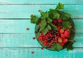 Plate with fresh berries (strawberries and currants) on wooden background. Royalty Free Stock Photo