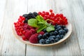 plate with fresh berries on white wooden table Royalty Free Stock Photo