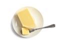 Plate with fresh butter and knife isolated on white Royalty Free Stock Photo