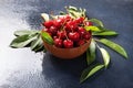Plate with fresh cherries with green leaves Royalty Free Stock Photo