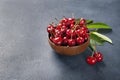 Plate with fresh cherries with green leaves. Black background.