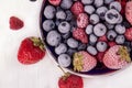 Plate with fresh and frozen various berries: bilberry, raspberry, blueberry, strawberry