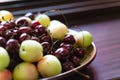 A plate with a fresh fruits and berries. Sweet cherries, apricots, peaches and nectarines Royalty Free Stock Photo