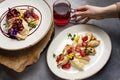 Plate of fresh pancakes topped with strawberries, filled with a delicious filling Royalty Free Stock Photo