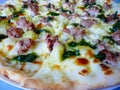 A plate of fresh pizza off the oven with meat, vegetables, mushrooms, and cheese