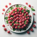 A plate of fresh raspberries and mint leaves on a white surface. The berries are bright red and appear ripe, while the Royalty Free Stock Photo