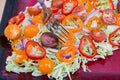 Plate of fresh salad with savoy cabbage, colorful tomatoes Royalty Free Stock Photo