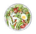 Plate of fresh salad wrapped with transparent plastic stretch film isolated on white, top view