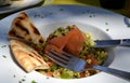 Plate of fresh salmon, rice, vegetable and pitta breads Royalty Free Stock Photo