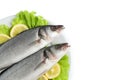 Plate with fresh sea bass fish, lettuce and lemon on white background, top view Royalty Free Stock Photo