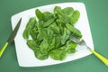 Plate with fresh spinach leaves on a green table