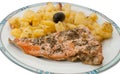 Plate with freshly baked potatoes and salmon fish Royalty Free Stock Photo