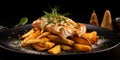 A plate of freshly grilled fish and chips with seasoning and garnish Royalty Free Stock Photo