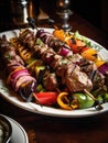 A plate of freshly grilled kebabs packed with a medley of colorful veggies and flavorful meat.. AI generation