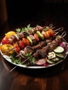 A plate of freshly grilled kebabs packed with a medley of colorful veggies and flavorful meat.. AI generation