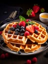 Plate with freshly-made Belgian waffles with berries and sugar powder. Tasty breakfast on the table. Generative AI Royalty Free Stock Photo