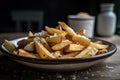 a plate of freshly made chips, with a sprinkle of salt and pepper
