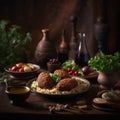 Plate of freshly made Syrian Kibbeh with traditional ceramic plates and fresh salad in the background Royalty Free Stock Photo