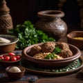 Plate of freshly made Syrian Kibbeh with traditional ceramic plates and fresh salad in the background Royalty Free Stock Photo
