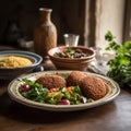 Plate of freshly made Syrian Kibbeh with traditional ceramic plates and fresh salad in the background Royalty Free Stock Photo