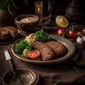 Plate of freshly made Syrian Kibbeh with traditional ceramic plates and fresh salad in the background Royalty Free Stock Photo