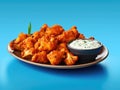 Plate of fried cauliflower with dipping sauce on a blue background