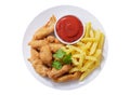 Plate of fried chicken with french fries isolated on white background Royalty Free Stock Photo