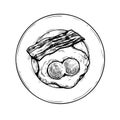 Plate with fried double-eyed egg and bacon slice. Hand drawn sketch style traditional breakfast drawing.