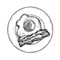 Plate with fried egg and bacon slice. Hand drawn sketch style traditional breakfast drawing.