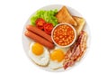 plate of fried eggs with bacon beans sausages toasts and tomatoes isolated on white background