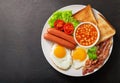 plate of fried eggs with bacon beans sausages toasts and tomatoes top view