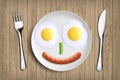 Plate with fried eggs, vegetable and sausage like a smiling face