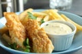 Plate with fried fish and chips, and sauce, close up Royalty Free Stock Photo