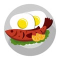 a plate of fried fish and fried eggs complete with vegetables and lemon Royalty Free Stock Photo