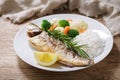 plate of fried fish, rice and vegetables Royalty Free Stock Photo