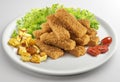 Plate of fried fish sticks with potato and tomato salad Royalty Free Stock Photo