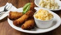 A plate of fried food and macaroni and cheese