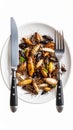 Plate of fried insects with fork and knife on white background Royalty Free Stock Photo