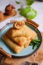 A plate of fried spring roll with vegetable and vermicelli on the table Royalty Free Stock Photo