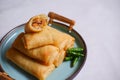 A plate of fried spring roll with vegetable and vermicelli on the table Royalty Free Stock Photo