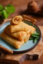 A plate of fried spring roll with vegetable and vermicelli on the table Royalty Free Stock Photo