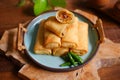 A plate of fried spring roll with vegetable and vermicelli on the table Royalty Free Stock Photo