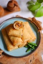 A plate of fried spring roll with vegetable and vermicelli on the table Royalty Free Stock Photo