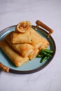 A plate of fried spring roll with vegetable and vermicelli on the table Royalty Free Stock Photo