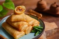 A plate of fried spring roll with vegetable and vermicelli on the table Royalty Free Stock Photo