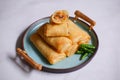 A plate of fried spring roll with vegetable and vermicelli on the table Royalty Free Stock Photo