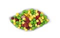 Plate with frozen vegetables on white background, top view Royalty Free Stock Photo