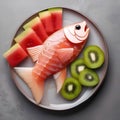 A plate of fruit salad shaped like a fish, with watermelon scales and kiwi fins2