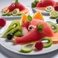 A plate of fruit salad shaped like a fish, with watermelon scales and kiwi fins1
